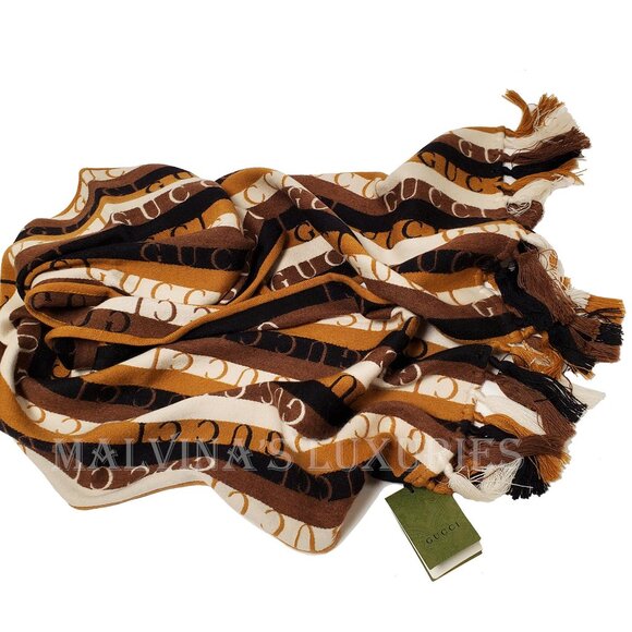 GUCCI SCARF 634166 LOGO STRIPED WOOL COTTON w FRINGE UNISEX 14.5" x 71" - Picture 6 of 16